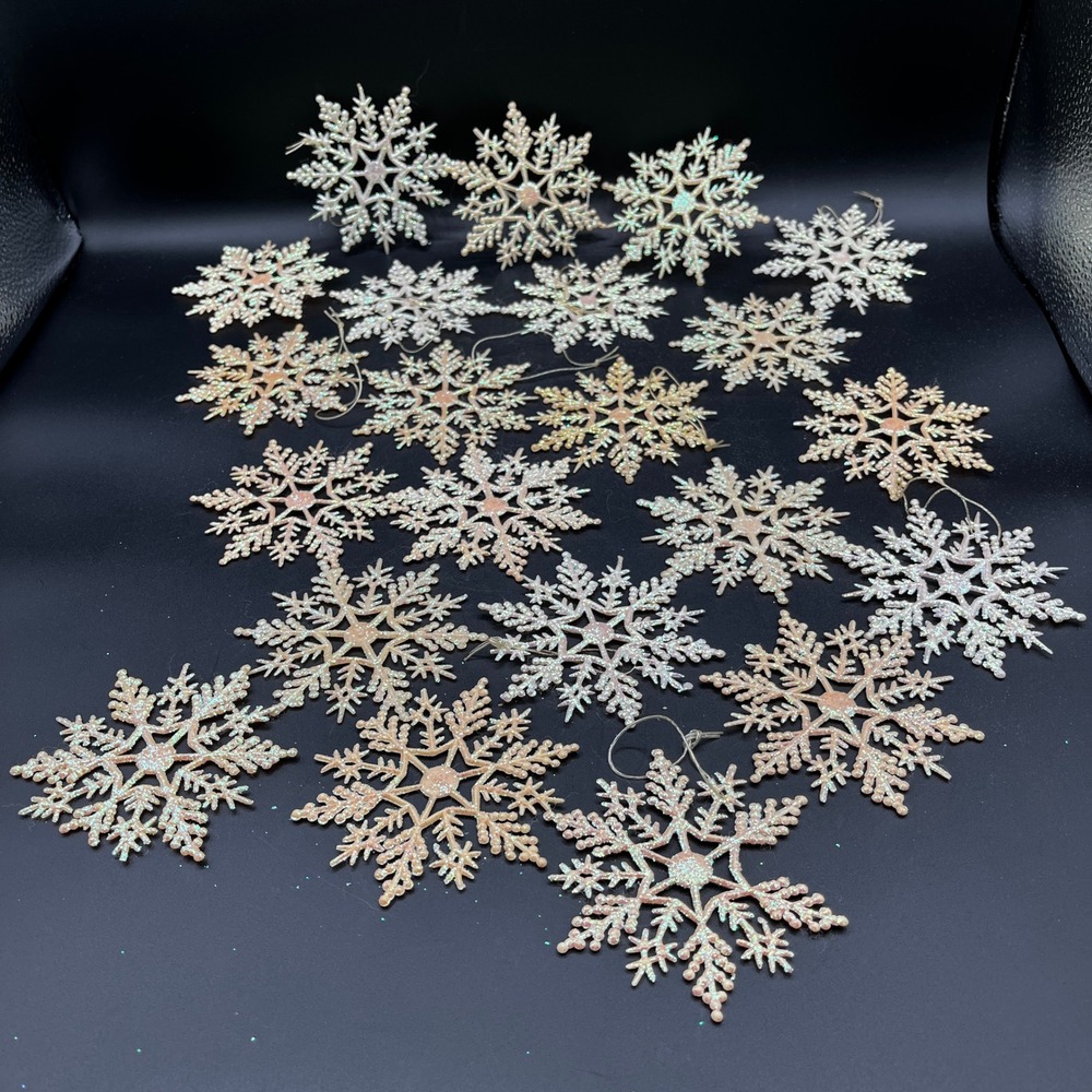 22pc Glitter Iridescent Snowflake Christmas Ornaments Set White 4" Holiday Decor